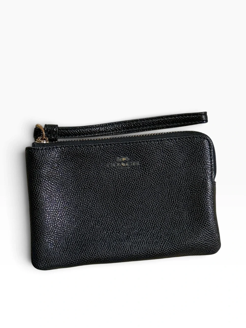 Coach Black Crossgrain Leather Small Zip Wristlet Pouch Purse Gold Hardware